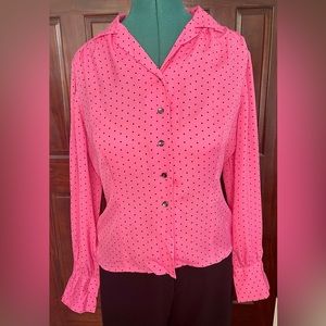 Jones New York 100% Silk Blouse, Pink with black polka dots. Size 10